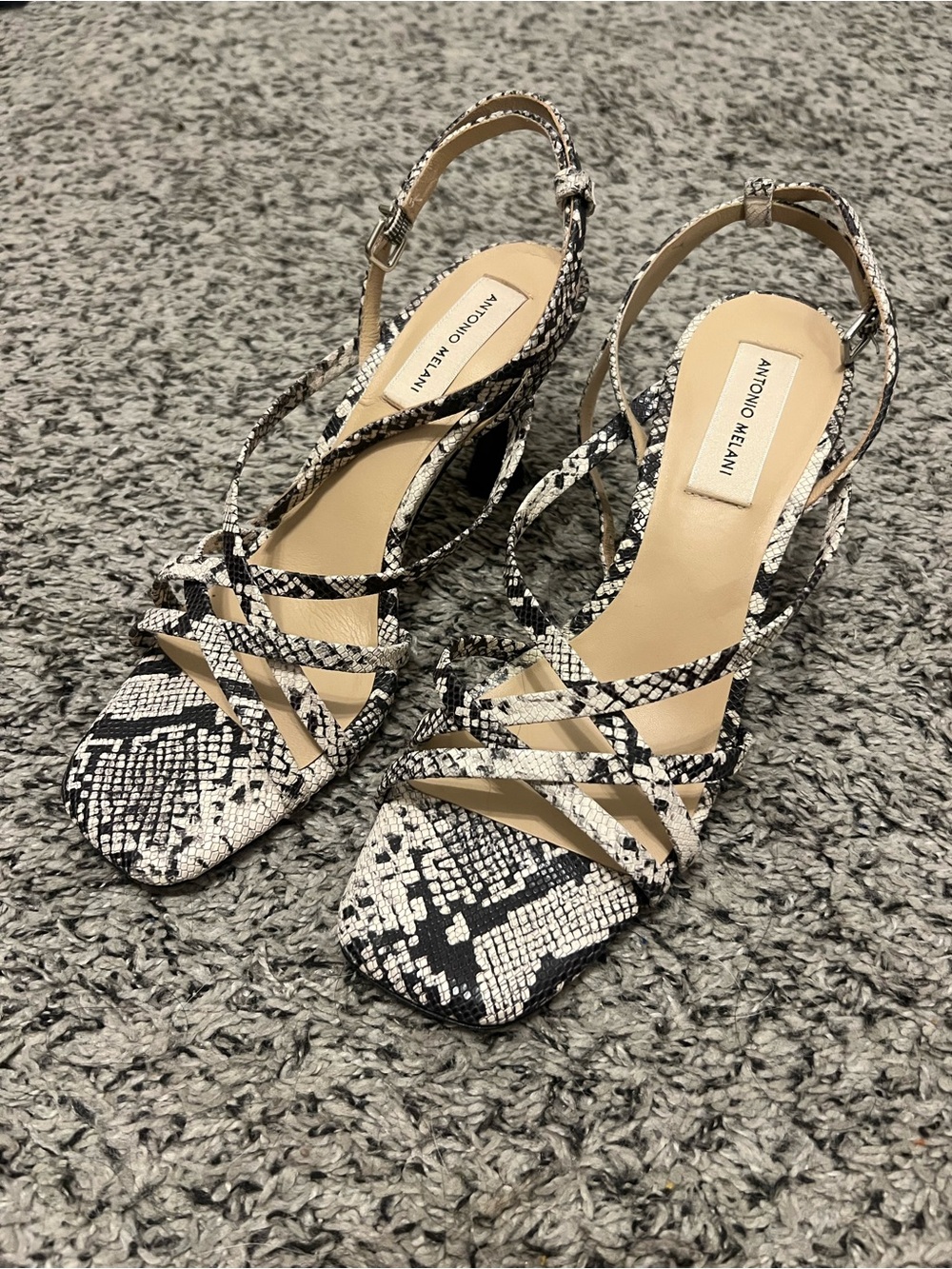 Antonio Melani Nicolyn Black & White Snake-Print Strappy Heels